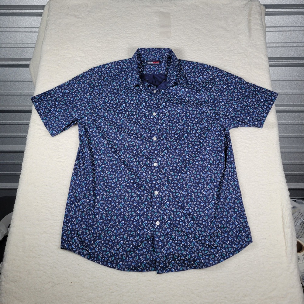 Roundtree‎ & Yorke travelSMART Shirt Mens Large Blue Floral SS Button Up